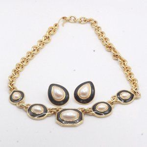 Monet Signed Designer Faux Pearl Enamel Link Necklace Earrings Set